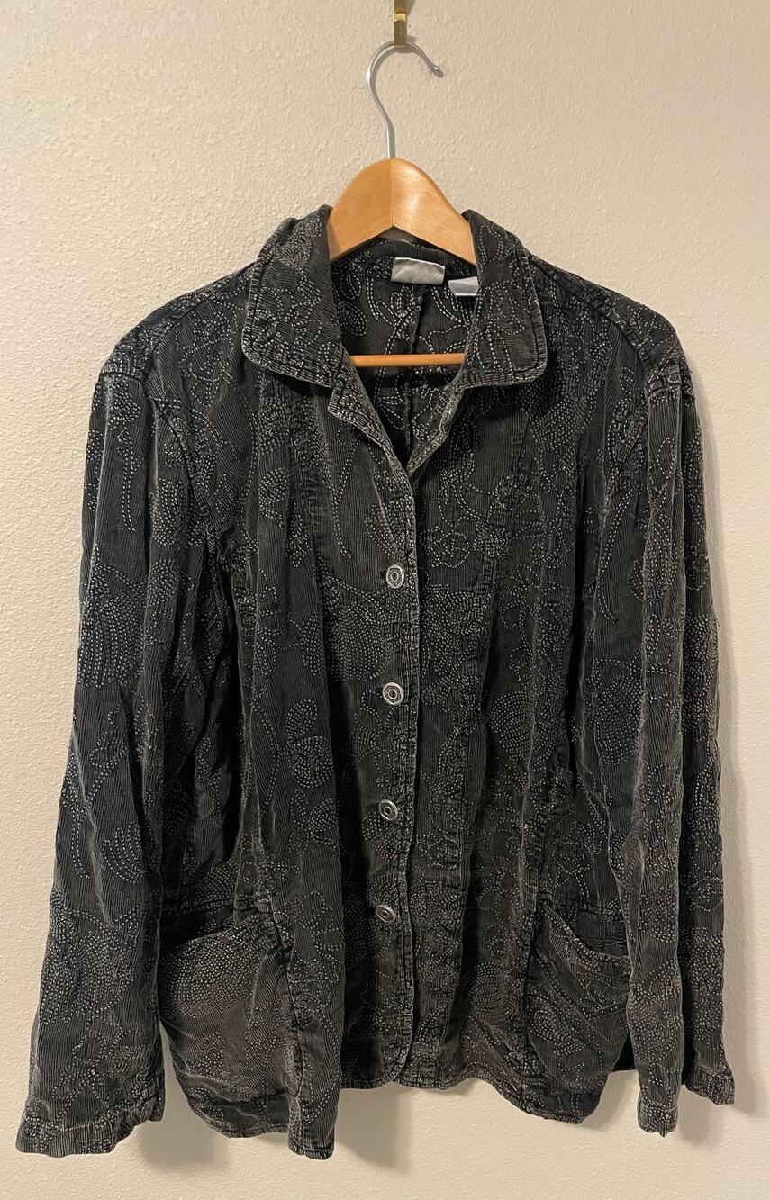 Chicos Jacket Womens 3 US XL Gray Floral Embroidered Corduroy Button Up Boho